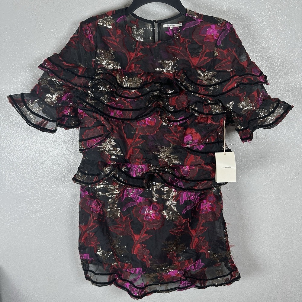 NEW Tularosa Revolve Wyatt Sheer Floral Metallic Ruffle Mini Dress Womens Small